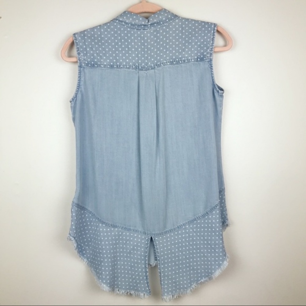 Liverpool Jeans Split Back Sleeveless Top Chambray Polka Dot Frayed Size Small - Picture 6 of 8